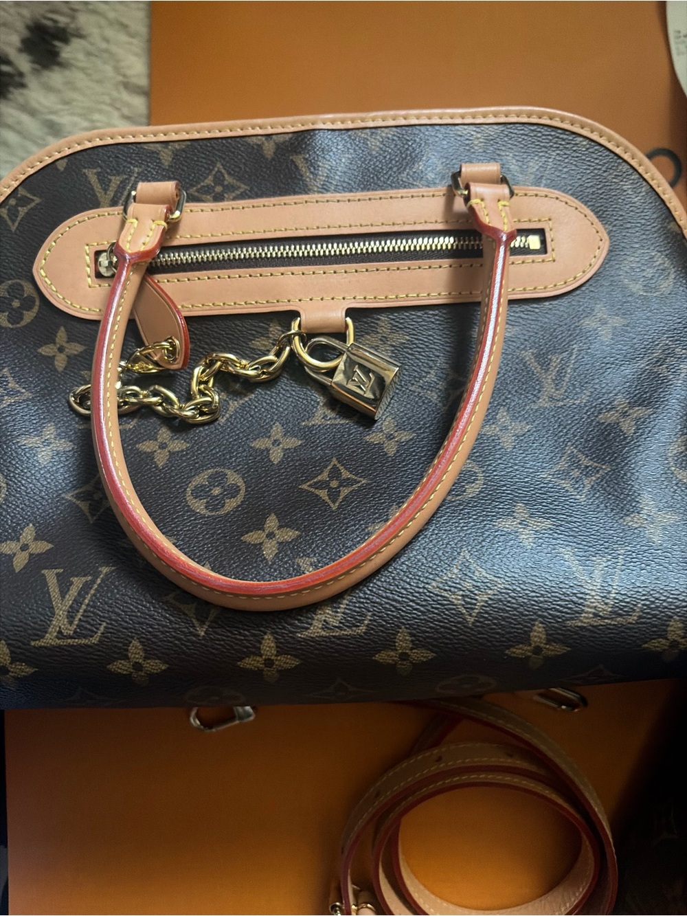 Designer-Inspired Brown Monogram Tote with Tan Trim and Gold Hardware